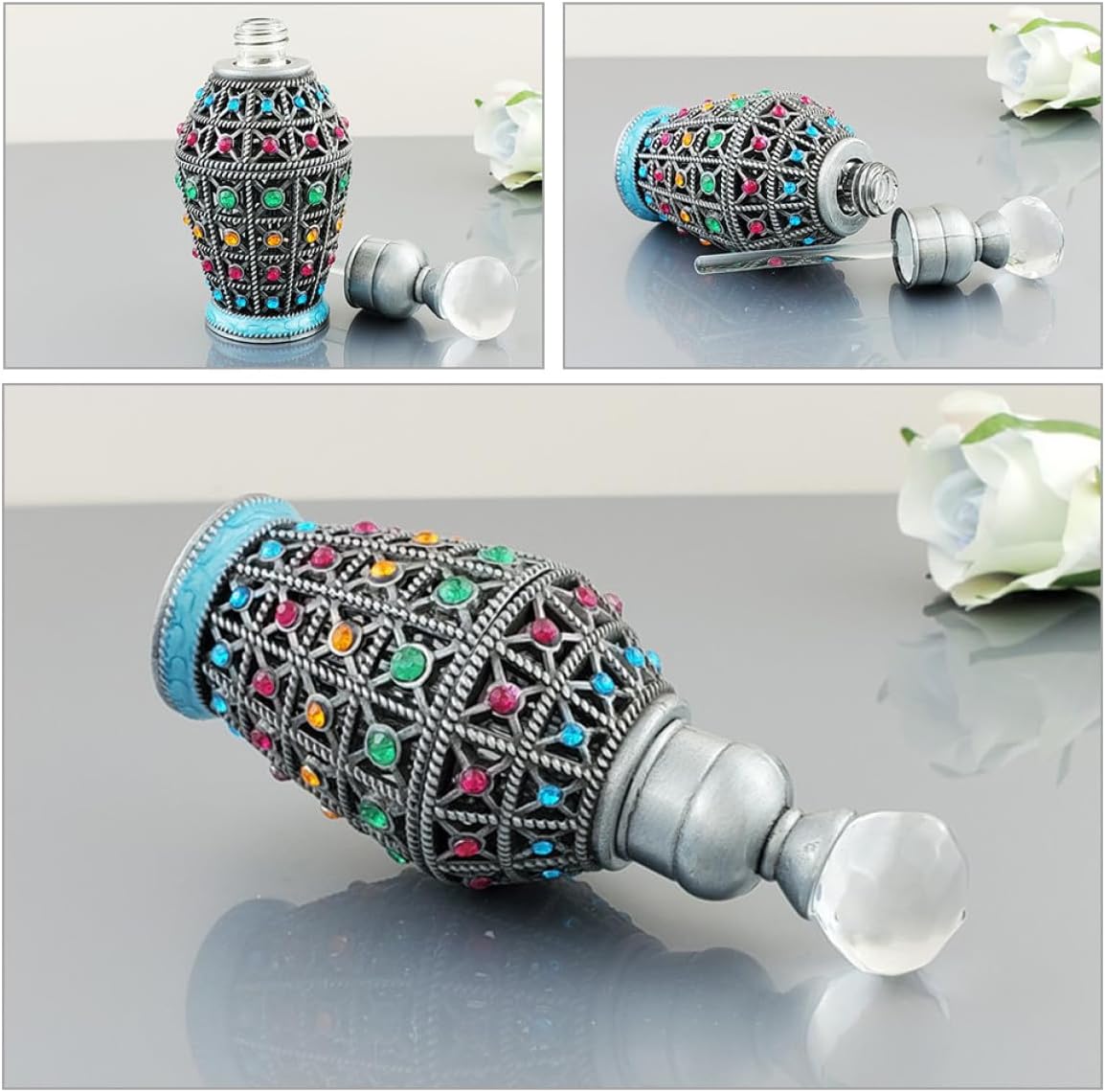 Vintage 12ml Refillable Essential Oil Bottle Glass Perfume Dispenser with Tin Antique Finish for Travel and Home Fragrance Storage