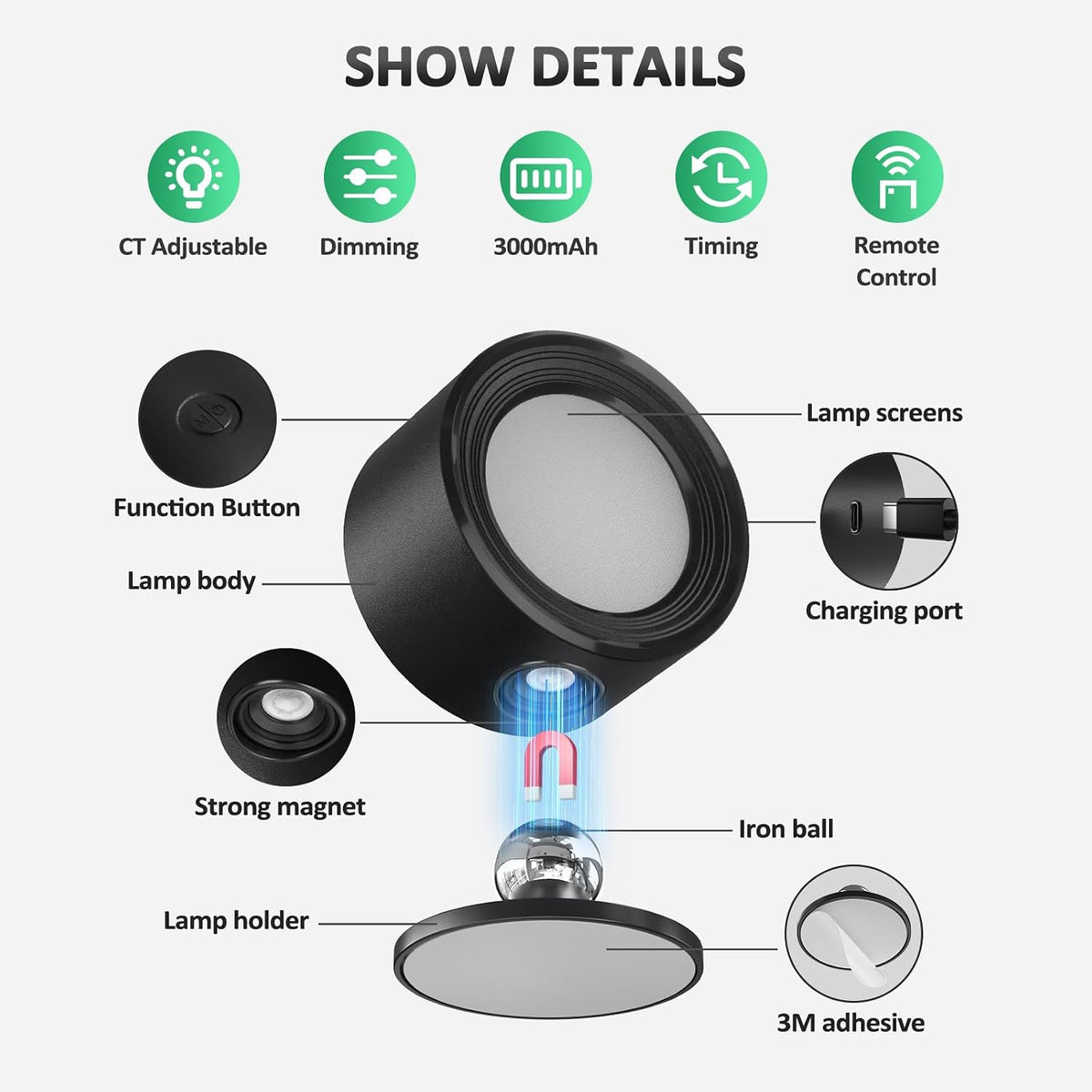 Lightbiz-Racokky LED Wall Sconces, 2-Pack Rechargeable 3000mAh Cordless Lights with Remote, Dimmable 3-Color Magnetic 360° Rotation