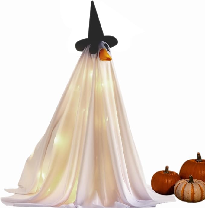 Halloween Goose Outfits, Porch Goose Lighted Ghost Clothes, 23 inch Spooky Ghost Goose Costume with Hat and String Lights, Outdoor Porch Yard Decor