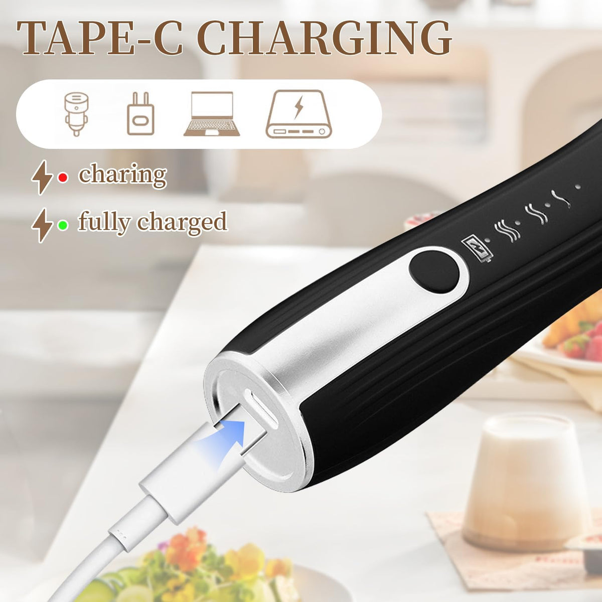 Rechargeable Handheld Milk Frother with 2 Whisk Heads & Stand, Black