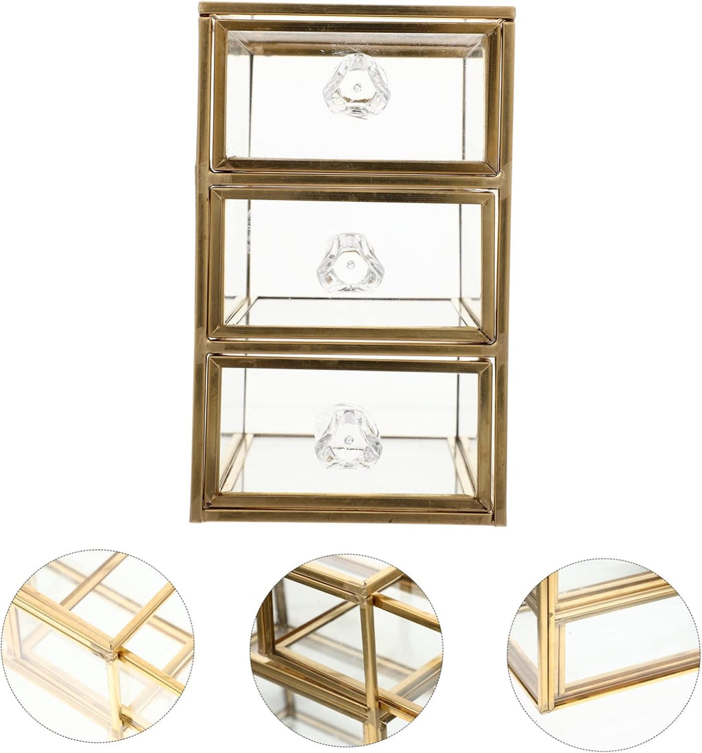 3-tier Jewelry Storage Box with Drawer Design, Golden Glass Alloy Closed Case, Tabletop Organization for Lip Gloss and Skin Care Bottles, Bathroom Counter or Office