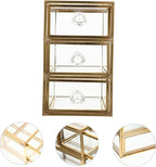 3-tier Jewelry Storage Box with Drawer Design, Golden Glass Alloy Closed Case, Tabletop Organization for Lip Gloss and Skin Care Bottles, Bathroom Counter or Office