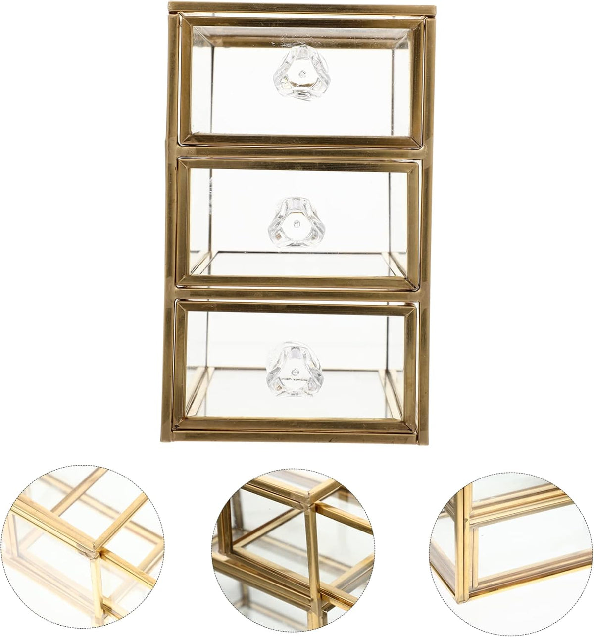 3-tier Jewelry Storage Box with Drawer Design, Golden Glass Alloy Closed Case, Tabletop Organization for Lip Gloss and Skin Care Bottles, Bathroom Counter or Office