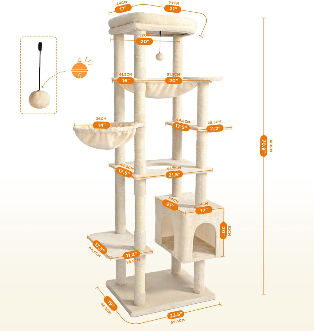 Made4Pets 71" Tall Cat Tree, Multi-Level Tower with Condo, Hammocks & Perches