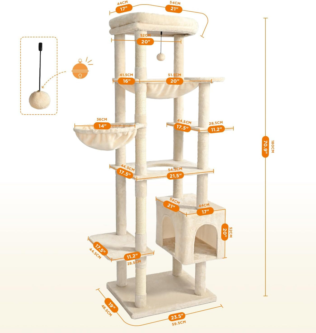 Made4Pets 71" Tall Cat Tree, Multi-Level Tower with Condo, Hammocks & Perches