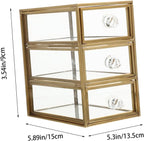 3-tier Jewelry Storage Box with Drawer Design, Golden Glass Alloy Closed Case, Tabletop Organization for Lip Gloss and Skin Care Bottles, Bathroom Counter or Office
