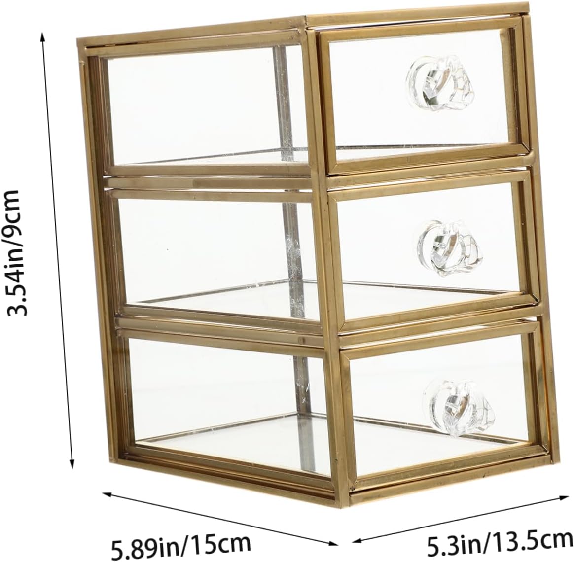 3-tier Jewelry Storage Box with Drawer Design, Golden Glass Alloy Closed Case, Tabletop Organization for Lip Gloss and Skin Care Bottles, Bathroom Counter or Office