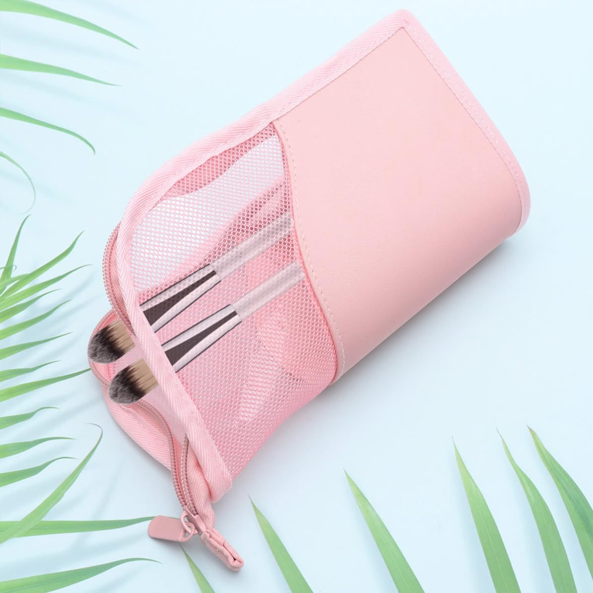 Pink Cosmetic Brush Bag with Zipper, Standing Mesh Pouch Organizer PVC and Oxford Fabric, Compact Travel Size, Keeps Necessities Clean and Order, Fits Tote Bags