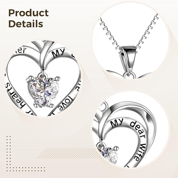 S925 Sterling Silver Heart Necklace for Wife, Crystal Heart Pendant with Adjustable Chain
