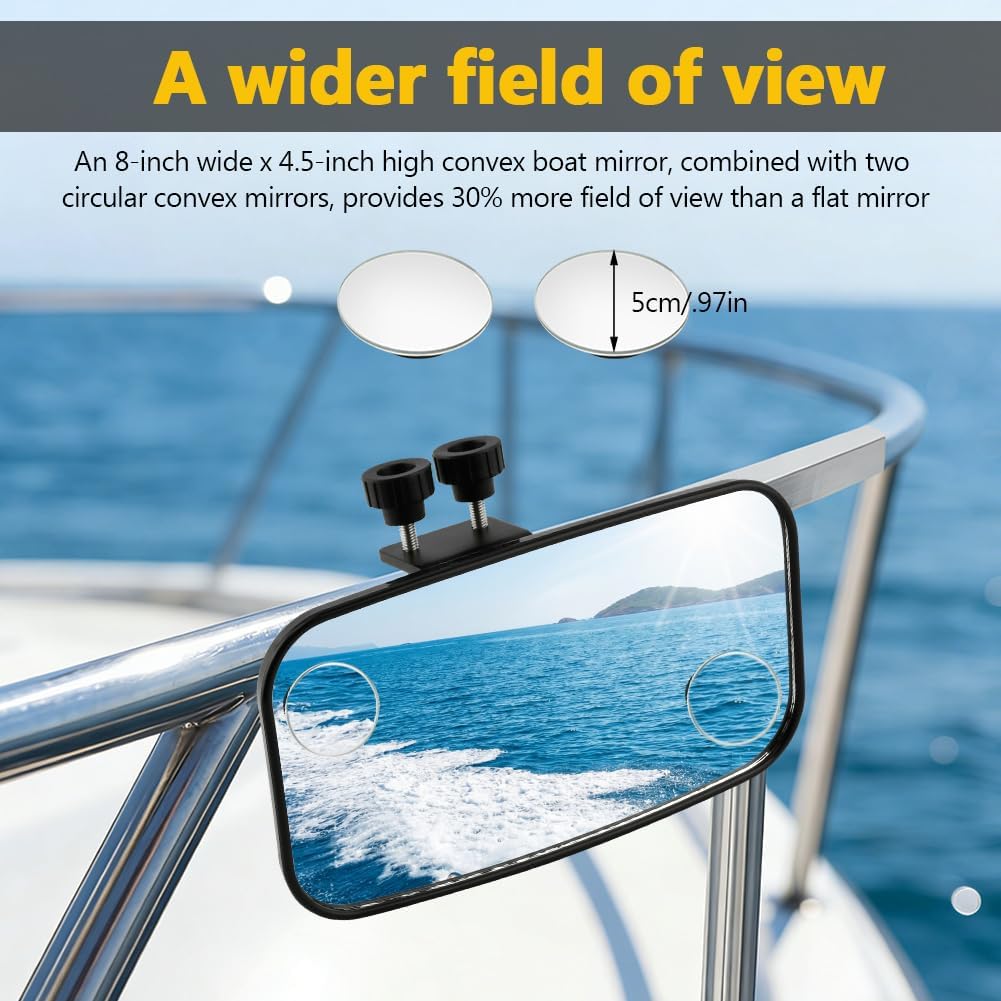 Boat Rear View Mirror, Upgrade Marine Mirror with 300° Curved Surface, 8" W x 4.5" H Boat Mirrors,Marine Mirror for Ski Boats Pontoon Boats Water Skiing Sports Wakeboarding Surfing