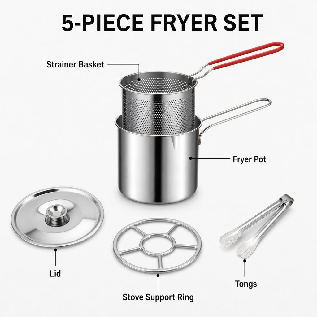 5-Piece Stainless Steel Deep Fryer Set, Mini Fryer Pot with Basket and Lid (5 Pcs)