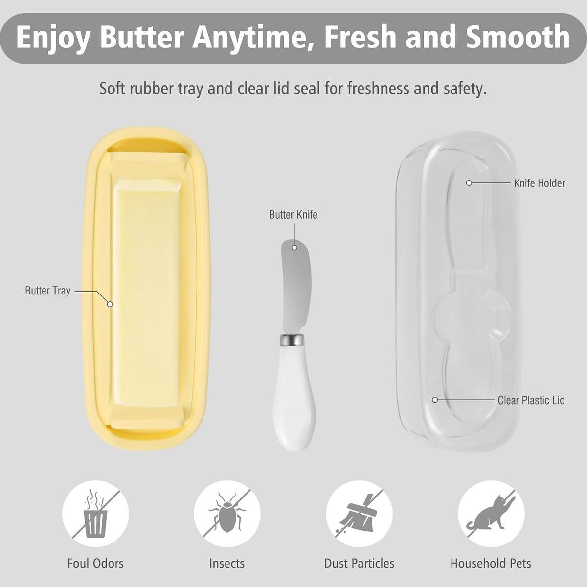 Small Butter Dish with Lid & Knife, Clear Plastic Butter Keeper for Countertop & Refrigerator