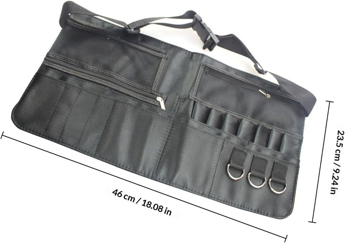 Makeup Brush Waist Bag with Adjustable Belt and 12 Holders Black Fiber Cloth Build, 7 Pouches and 3 Zippered Pockets, Holds 22 to 36 Tools