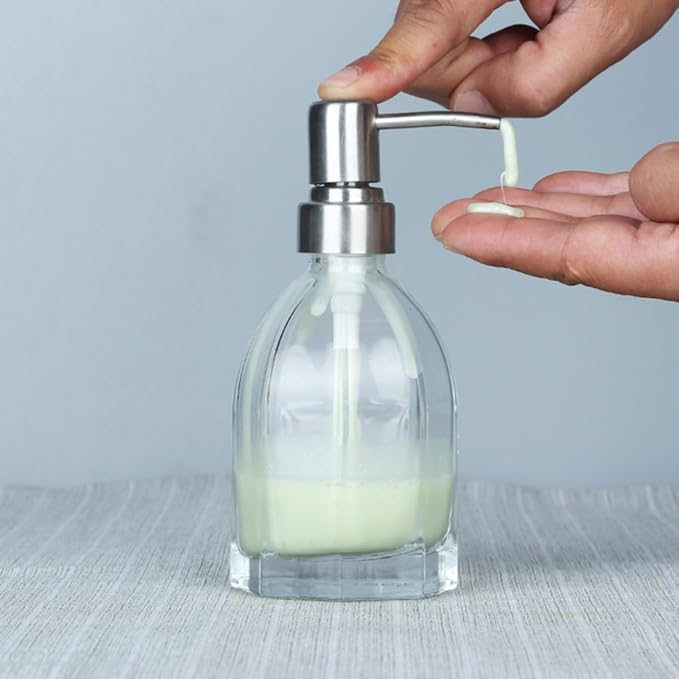 Glass Hand Bottle Dispensing Soap Press Pump Bottle Shampoo Shower Gel 210ml Capacity, Thick Glass Body with Stainless Steel Parts, Reusable Refillable Design, Spray Pump