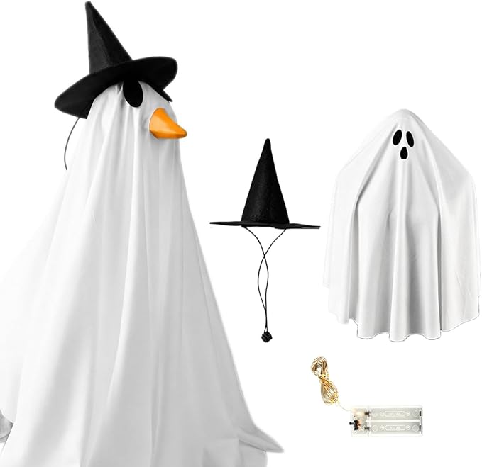 Halloween Goose Outfits, Porch Goose Lighted Ghost Clothes, 23 inch Spooky Ghost Goose Costume with Hat and String Lights, Outdoor Porch Yard Decor
