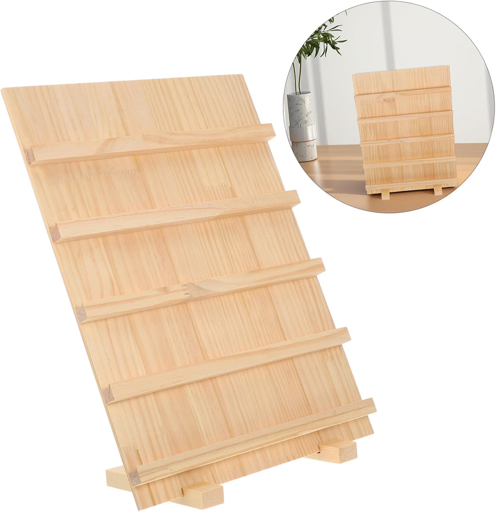 Five Layer Wooden Jewelry Display Stand with Base for Earrings Beige Wood Build, Tiered Layout for Retail and Exhibitions, Visibility, Space Saving Design