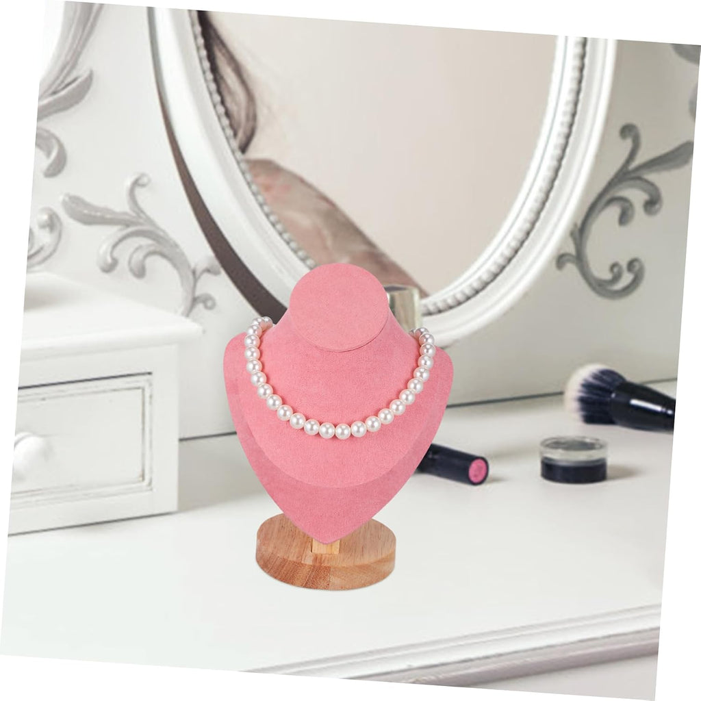 Pink Necklace Display Stand Jewelry Bust Holder Organizer Rack Wood and Cloth Materials, Mannequin Head Bust Shape, Decorative Room Decor, Giveaways, Multifunctional Use