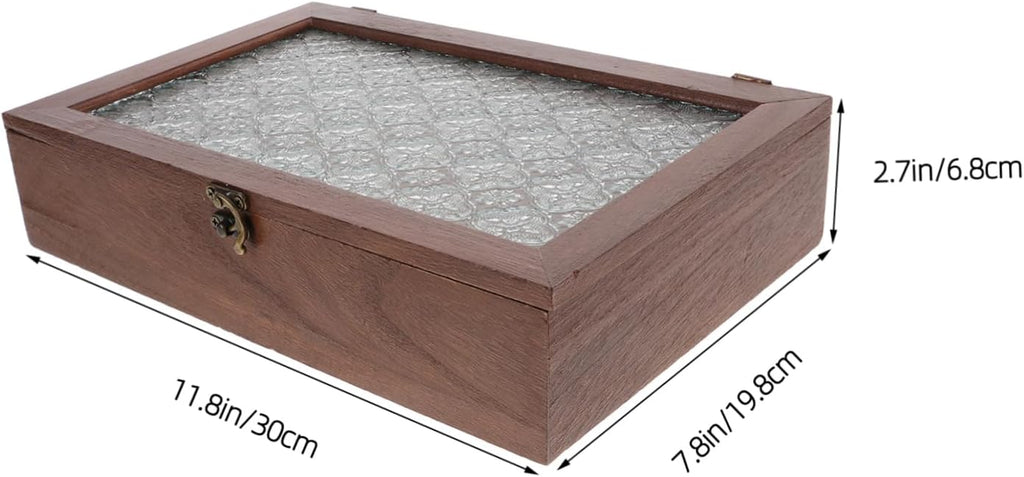 Wooden Jewelry Storage Box for Rings and Keys with Lid Coffee Tone, Antique Retro Style, Glass Top, Delicate Keepsake Organizer for Anniversary and New Year