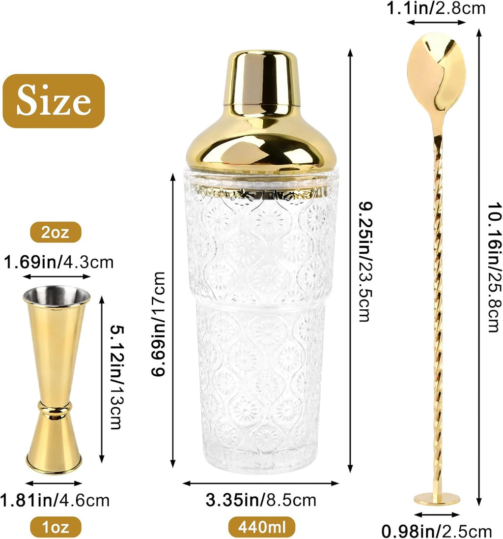 14 oz Clear Glass Cocktail Shaker with Gold Lid, Bartender Kit Cobbler Mixer with Built-In Strainer, Leak-Proof Clear Martini Shaker for Single-Serve Drinks