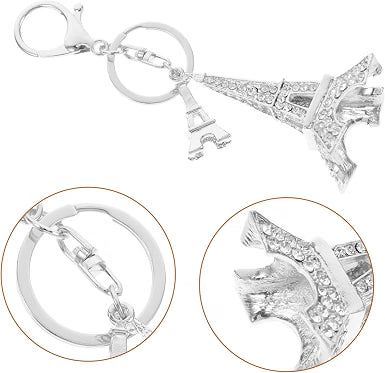 Eiffel Tower Keychain Charm with Rhinestone Zinc Alloy Silver Decor Backpack and Bag Accent, Intricate Cut Design, Versatile Style, Holiday Gifting, Longterm Use
