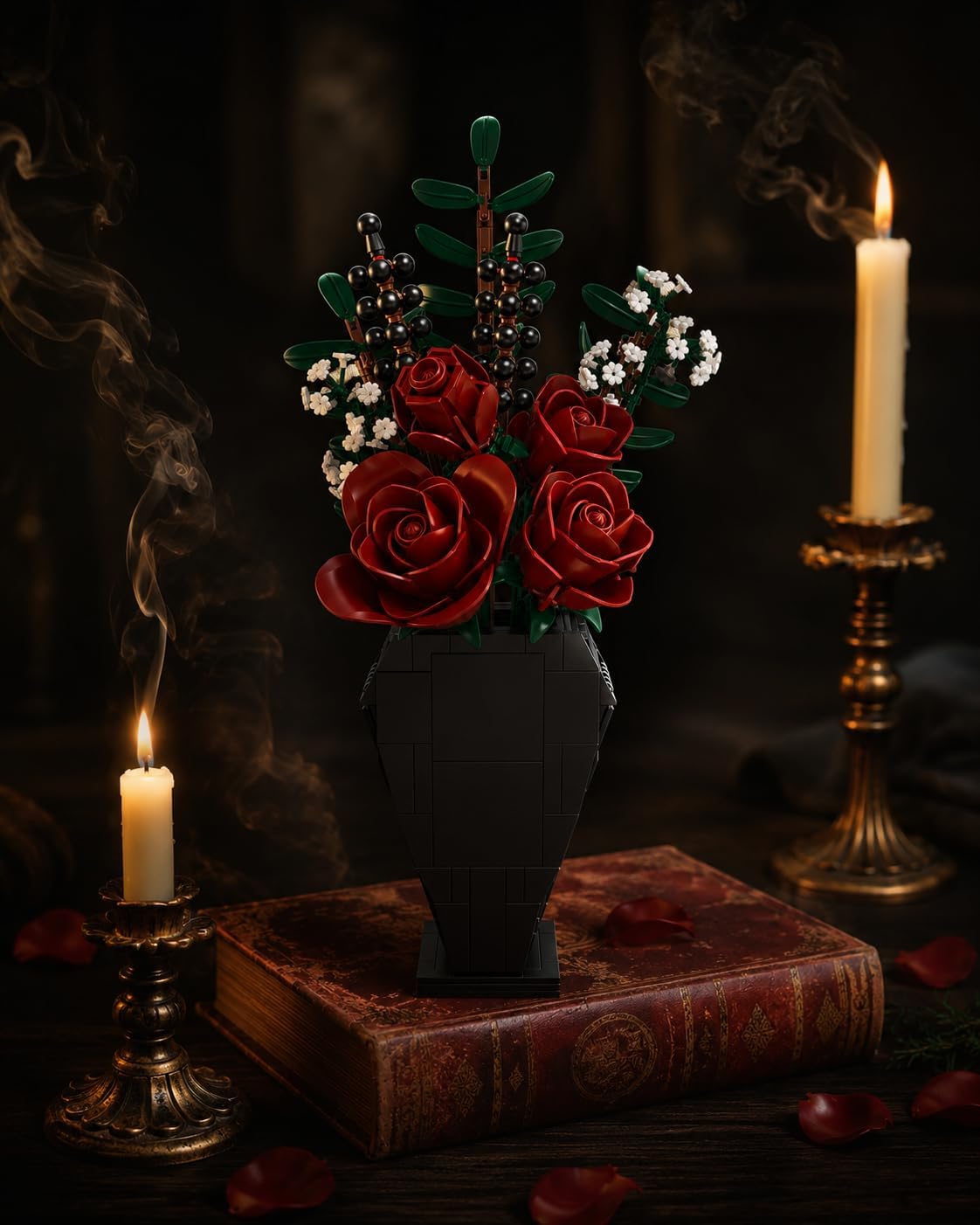 Midnight Flower Bouquet Building Set, Gothic Blood Rose with Coffin Vase, 596 Pieces