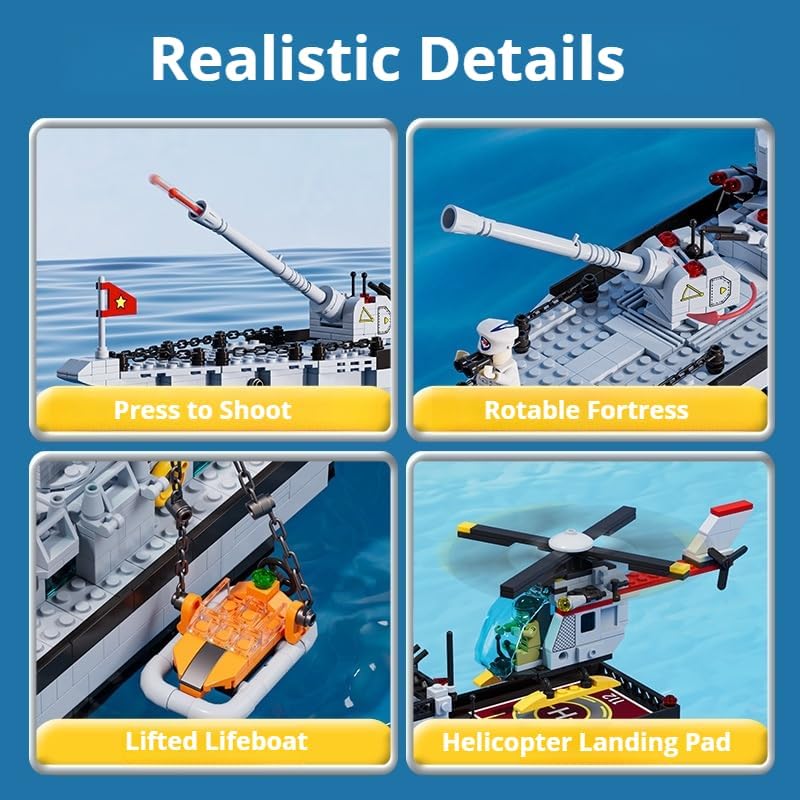 Battleship Building Set, 6-in-1 Military Warship Model, 1,456 Pieces