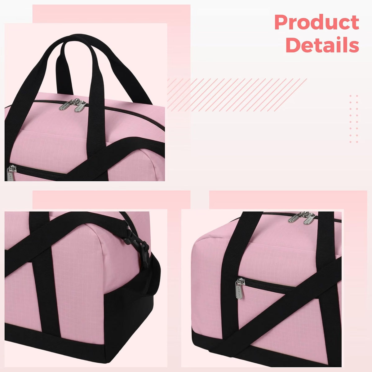 14-Inch Pink Duffel Bag, Lightweight Polyester Gym & Travel Bag with Zippered Pockets & Detachable Strap