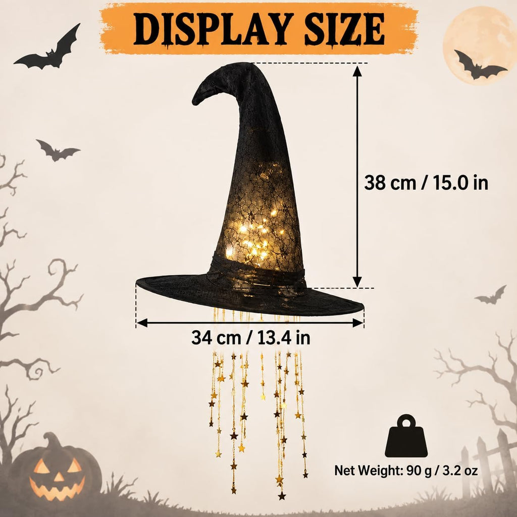 Lighted Witch Hat Hanging Decor, Fabric Witch Hat Lamp for Halloween (3 Pcs)