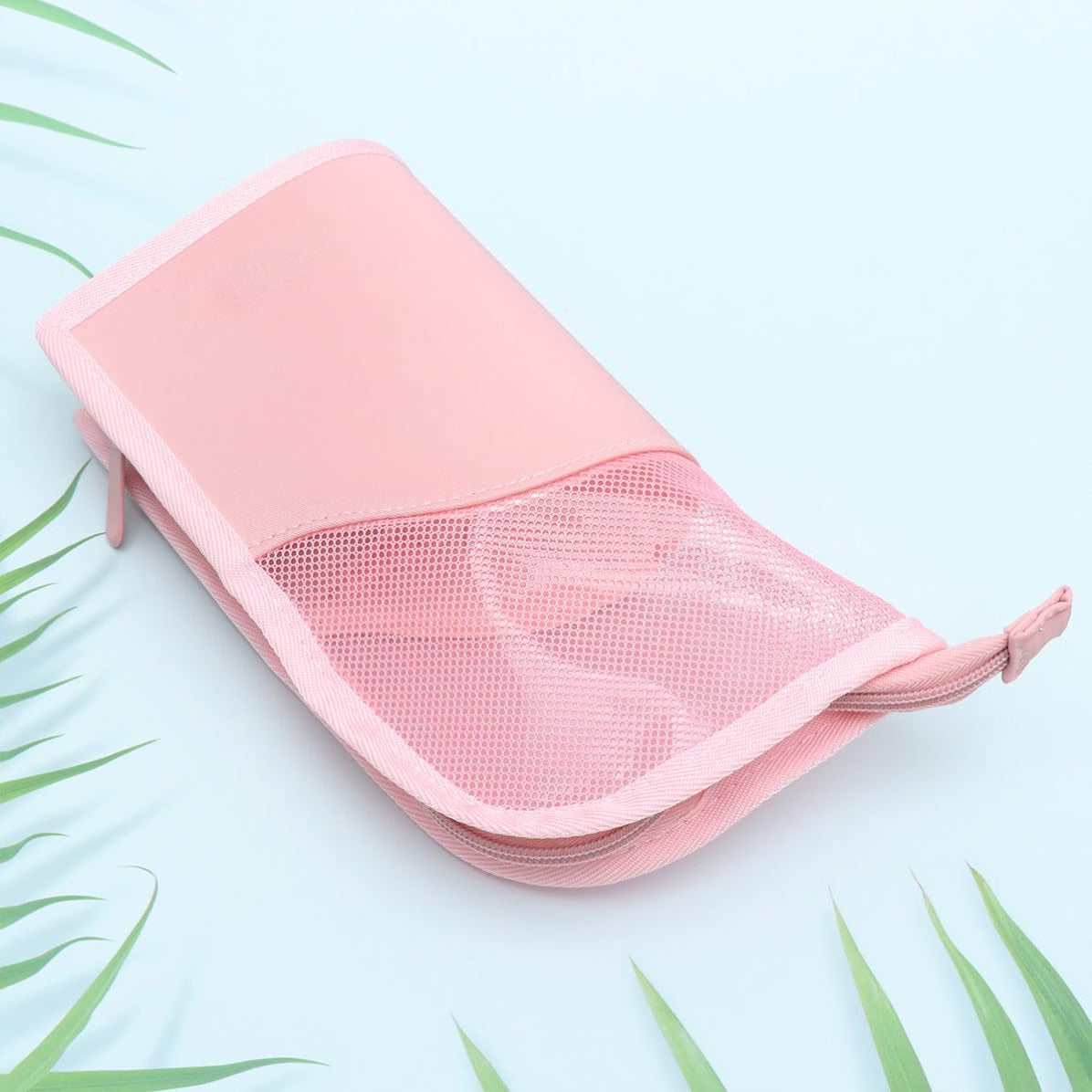 Pink Cosmetic Brush Bag with Zipper, Standing Mesh Pouch Organizer PVC and Oxford Fabric, Compact Travel Size, Keeps Necessities Clean and Order, Fits Tote Bags