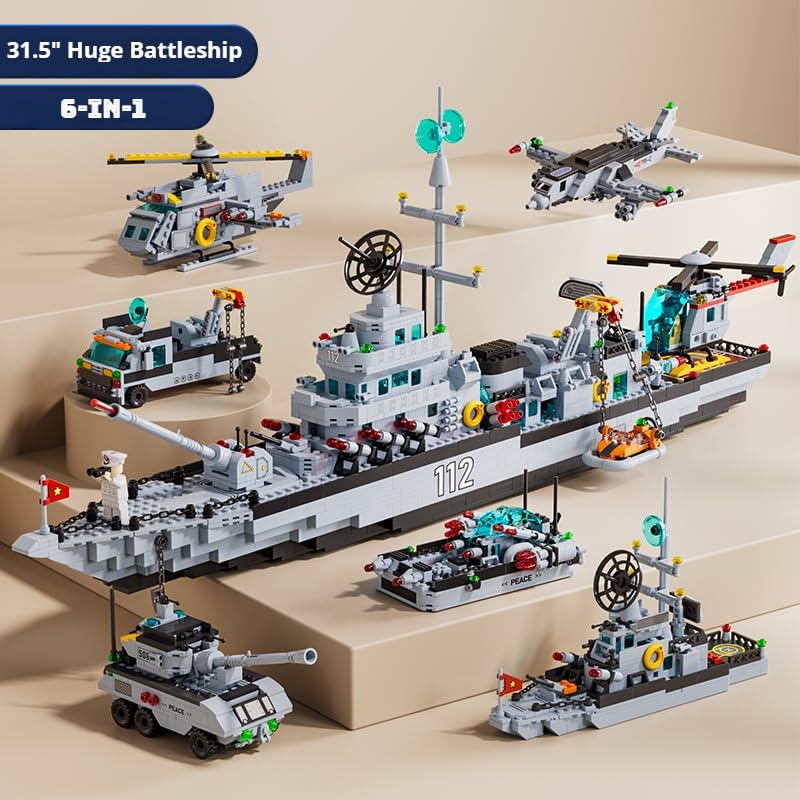 Battleship Building Set, 6-in-1 Military Warship Model, 1,456 Pieces