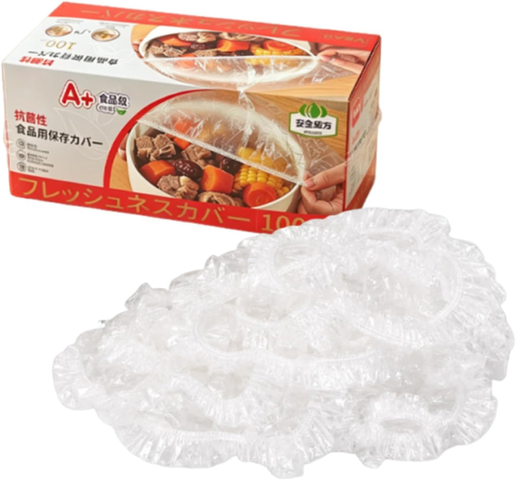 Disposable Elastic Food Covers, Clear PE (100 Pcs) Clear PE covers stretch approximately 15–15.7 in for bowls, plates and containers at home, parties, picnics or travel