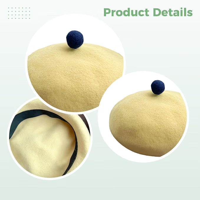 Yellow Wool Beret for Women, Vintage Felt Artist Beret with Pom Pom, Warm Winter Hat