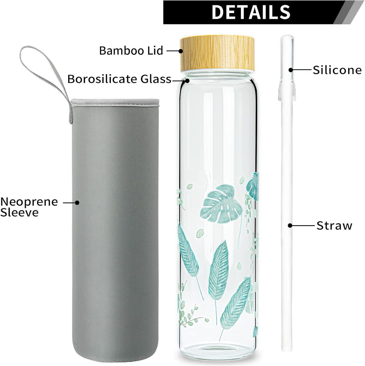 32 oz Glass Water Bottle with Straw, Borosilicate Glass Bottle with Bamboo Lid