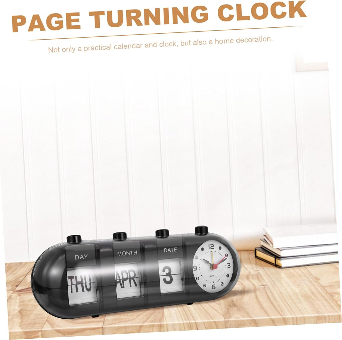 Manual Flip Desk Calendar Clock, Black ABS Plastic Perpetual Date Display Hand-cranked Page Turning Mechanism, Compact Desktop Design, Suitable for Bar, Restaurant or Study Room Decor