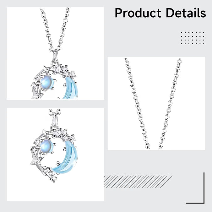 S999 Sterling Silver Moon & Star Necklace, Blue Gemstone Pendant with 17.72-Inch Chain