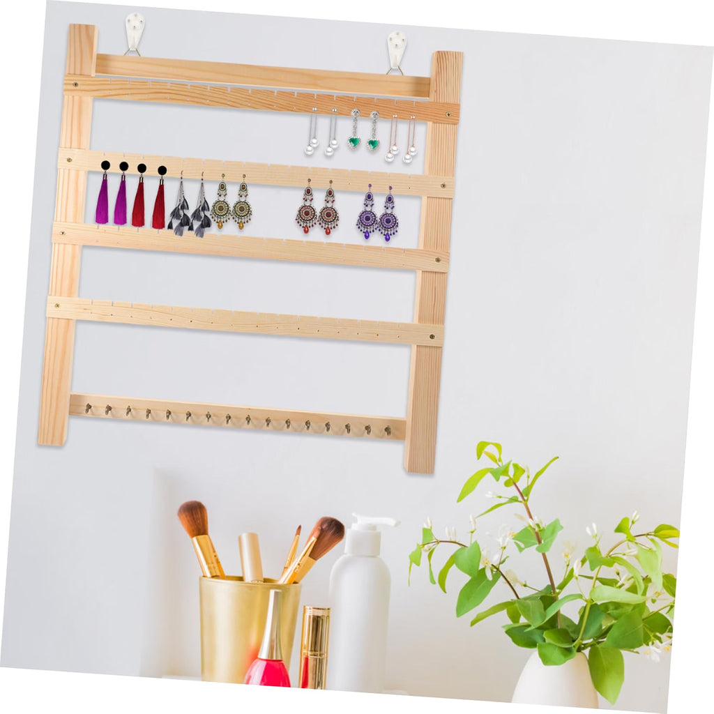 Wooden Jewelry Organizer Earring Display Rack Wall Mounted Khaki Finish, Open Storage Design, Reusable Home and Trade Show Setup, Safe and Easy to Use