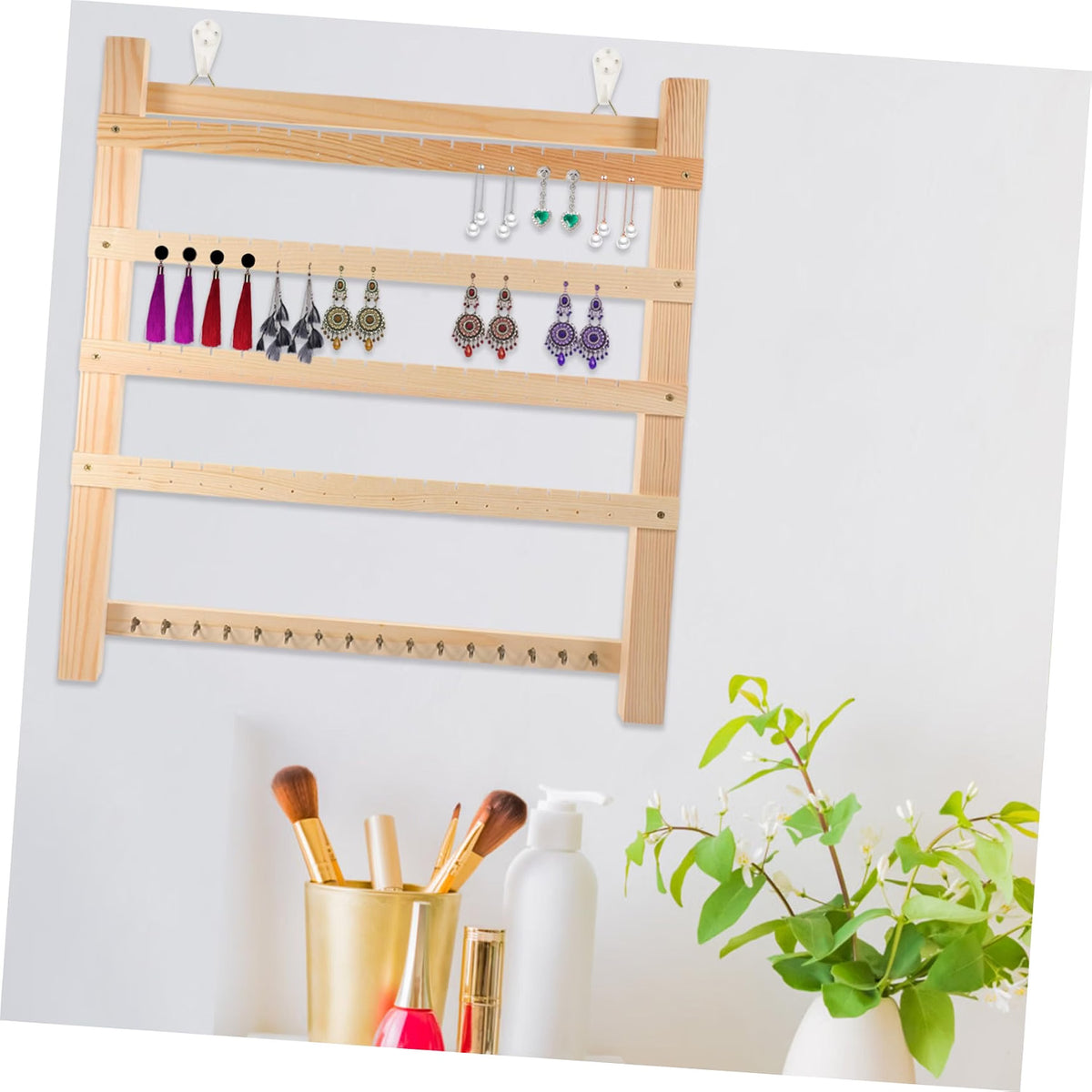 Wooden Jewelry Organizer Earring Display Rack Wall Mounted Khaki Finish, Open Storage Design, Reusable Home and Trade Show Setup, Safe and Easy to Use