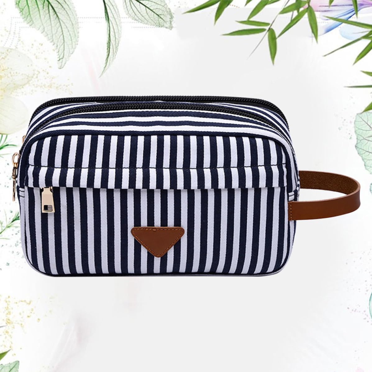 Canvas Makeup Bag Waterproof Organizer Large Capacity Blue Stripe Compact Zippered Pouch, Lightweight for Travel or Office, Keeps Beauty Essentials Neatly Sorted