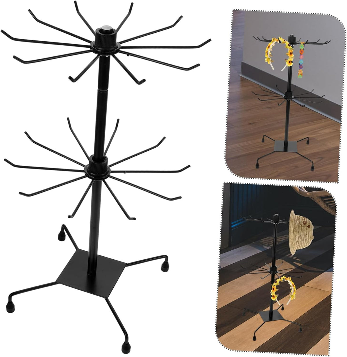 Rotating Jewelry Display Stand Double Tier Iron Rack Black Lightweight Rotating Design, Stable Structure, for Necklaces, Earrings, Bracelets, Organized Storage
