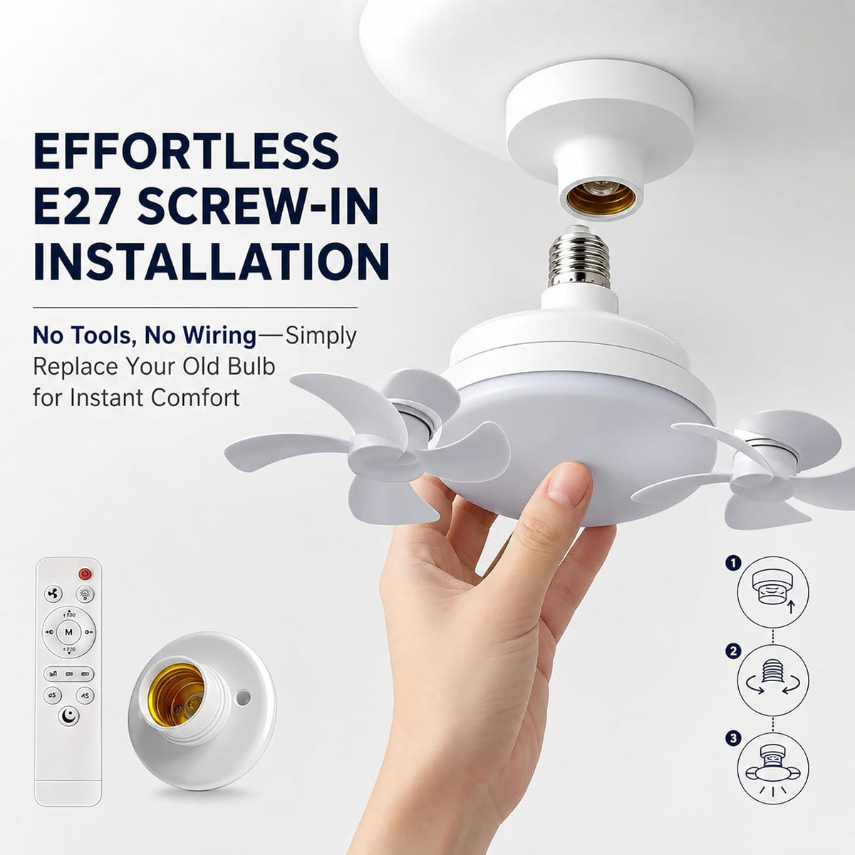 Socket Fan Light With Remote, LED Ceiling Fan Light, Socket Ceiling Fan With Light, 3 Speeds Fan And 3 Color Temperatures