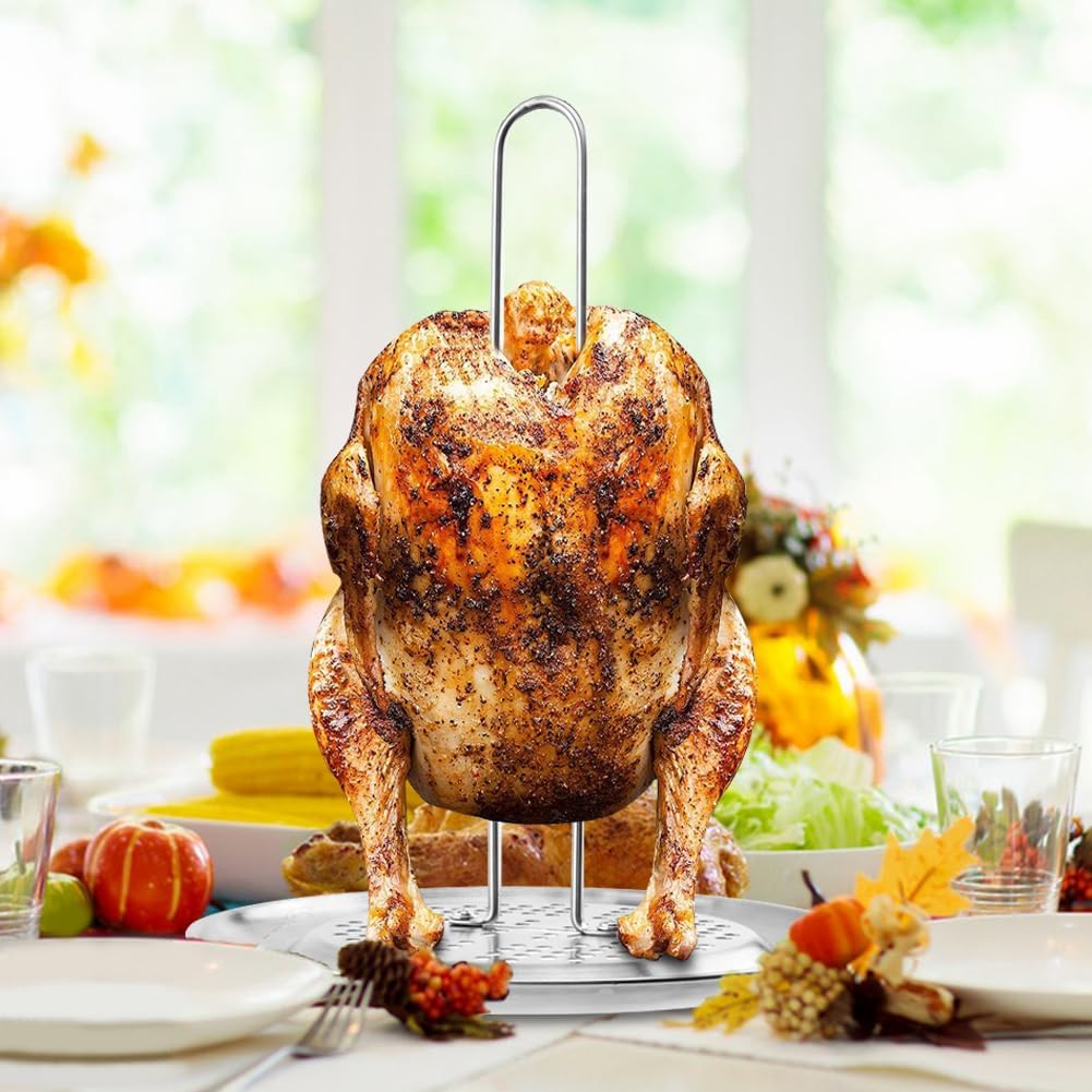 Turkey Rack, Stainless Steel Vertical Turkey Roasting Stand, Poultry Chicken Holder Accessories, Heavy Duty Aluminum Roasting Drip Pan, for Outdoor Deep Fryer