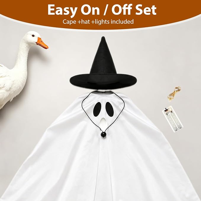 Halloween Goose Outfits, Porch Goose Lighted Ghost Clothes, 23 inch Spooky Ghost Goose Costume with Hat and String Lights, Outdoor Porch Yard Decor