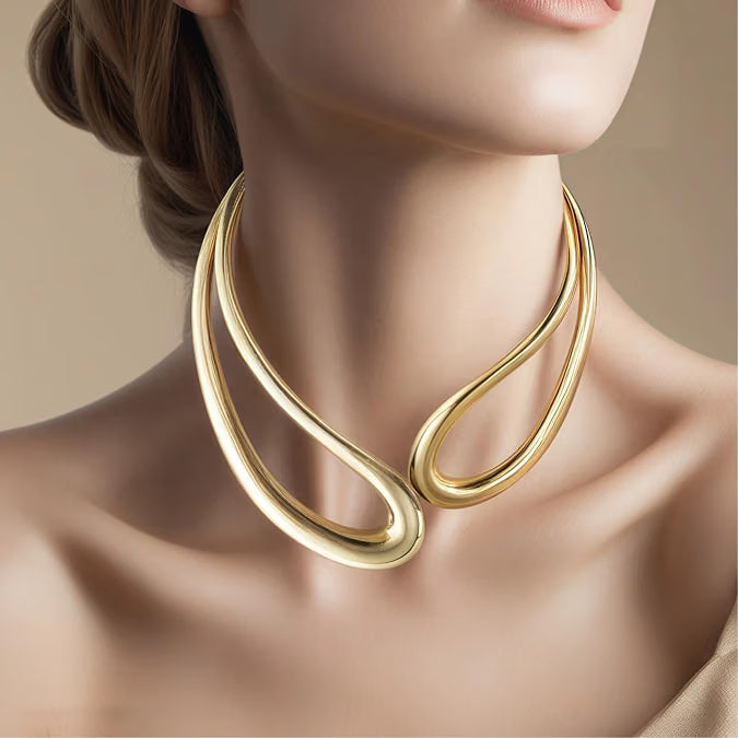 Golden Metal Choker Necklace, Dual Hoop Chunky Twisted Geometric Statement Necklace for Women