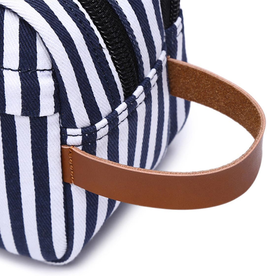 Canvas Makeup Bag Waterproof Organizer Large Capacity Blue Stripe Compact Zippered Pouch, Lightweight for Travel or Office, Keeps Beauty Essentials Neatly Sorted
