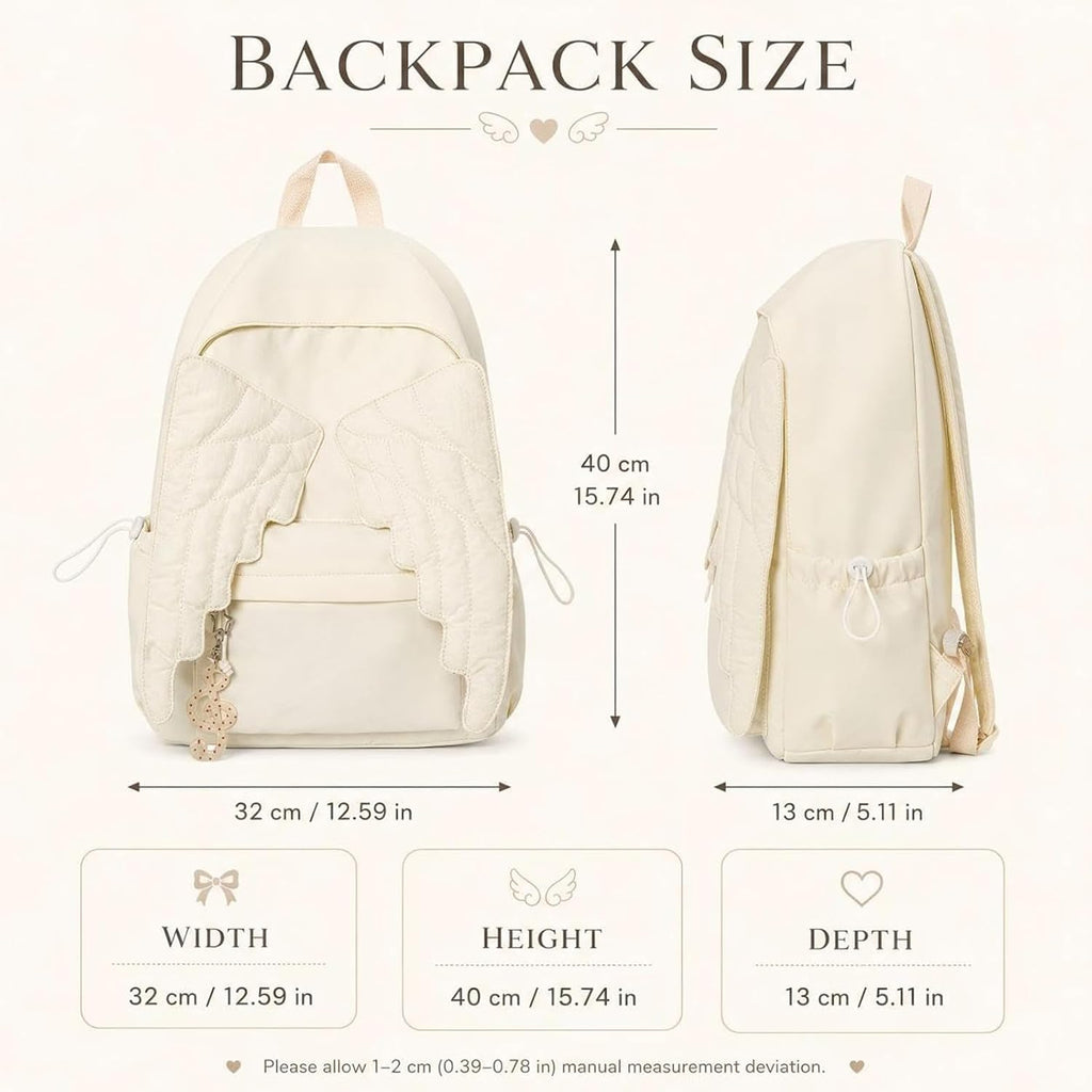 Wing Backpack Lightweight Nylon Daypack For Women Travel (White) Unique Wing Design Adds A Stylish Touch To Daily Carry, Ideal For School, Travel, Shopping And Casual Outings.