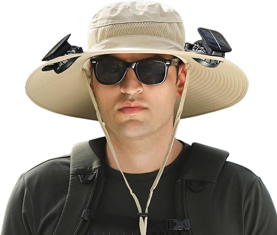 Solar Powered Fan Hat, Wide Brim Bucket Hat with Fan, Solar & USB Charging for Beach Gardening Travel