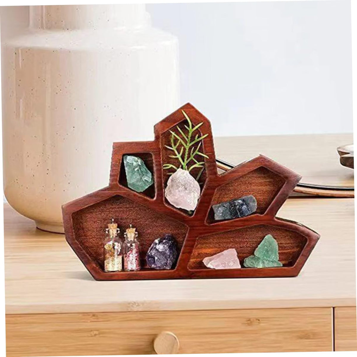 Wooden Crystal Display Plate for Jewelry and Essential Oils Natural Wood Texture, Unique Shape, Decorative Organizing Tray for Dresser or Store, Brown Finish