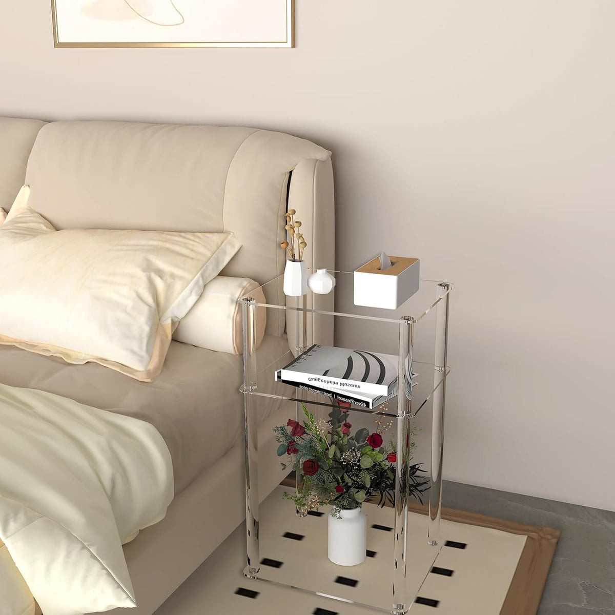 Acrylic End Table, Clear 3-Tier Side Table for Bedroom & Living Roo