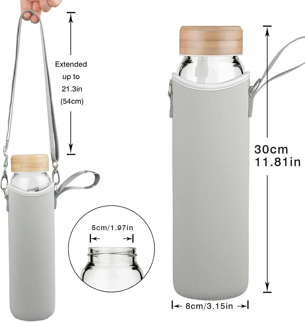 32 oz Borosilicate Glass Water Bottle with Straw, Time Marker & Bamboo Lid