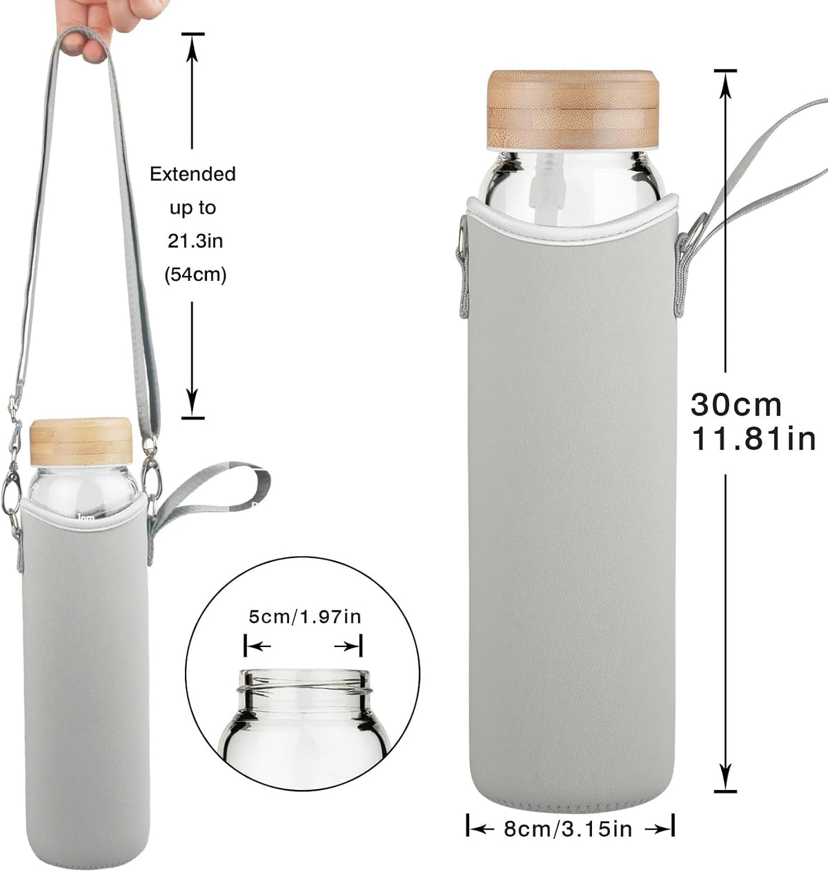 32 oz Borosilicate Glass Water Bottle with Straw, Time Marker & Bamboo Lid